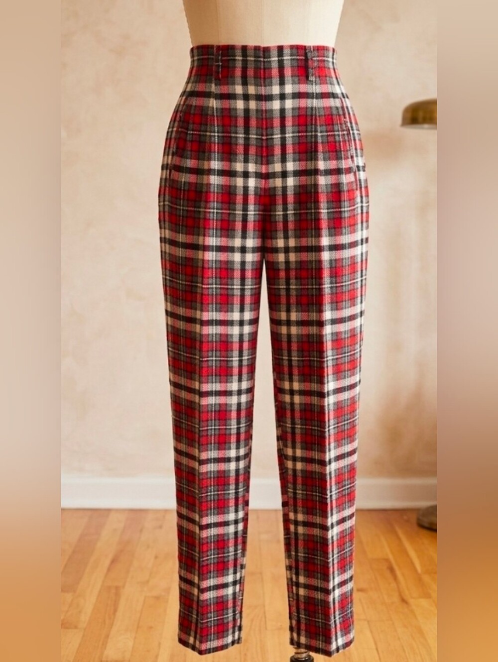 Vintage 1950s Tiger's Plaid High Waist Slacks Red Wool Blend 10 23x28 NWT